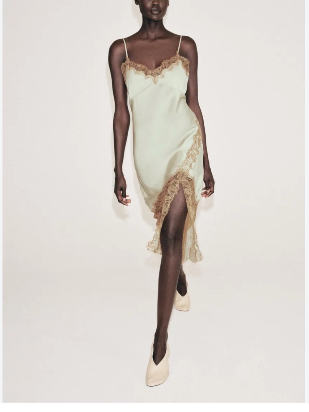 Zara Pale Green Slip Dress with Gold Lace Trim